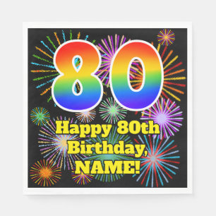 Serviette En Papier 80e anniversaire : Motif Fun Fireworks + Arc-en-ci