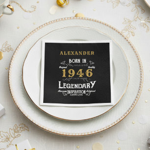 Serviette En Papier 80e Anniversaire Né 1946 Noir Or Rétro Vintage