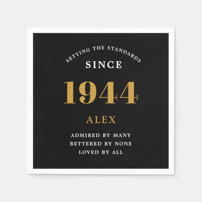 Serviette En Papier 80e anniversaire Nom 1944 Black Gold Elegant Chic (Devant)