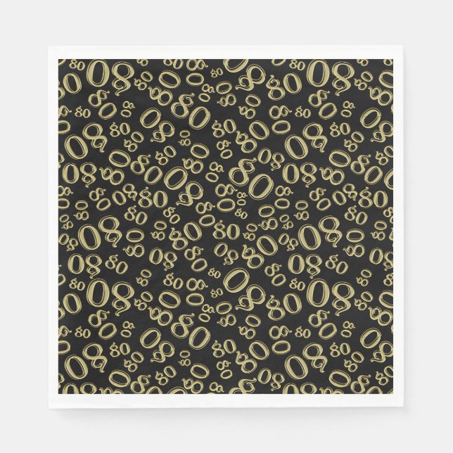 Serviette En Papier 80e anniversaire Numéro de fête Motif Noir/Or (Devant)