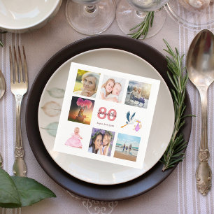 Serviette En Papier 80e anniversaire photo collage blanc rose nom