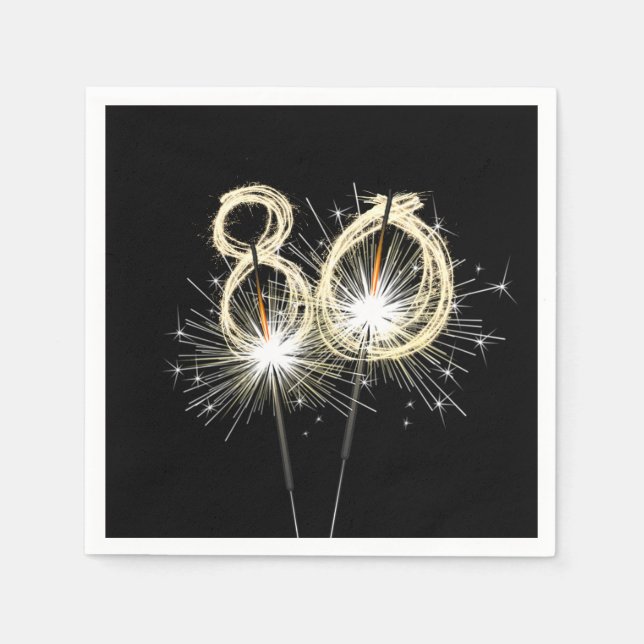 Serviette En Papier 80e anniversaire Sparklers de fête sur noir (Devant)