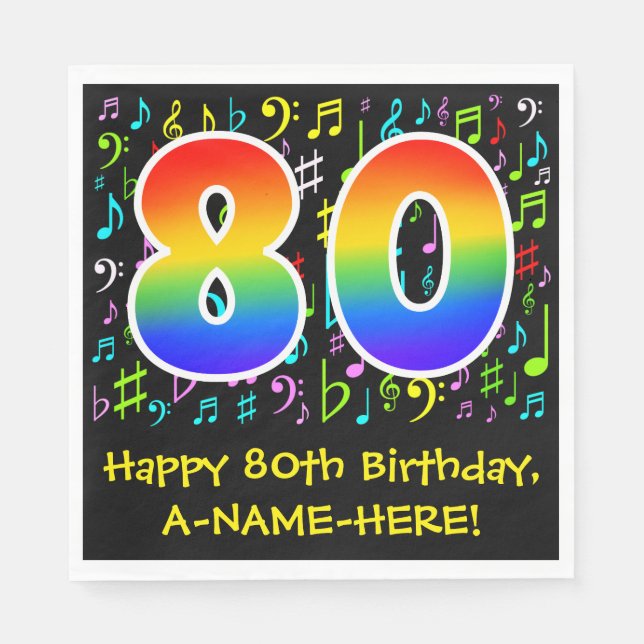 Serviette En Papier 80e anniversaire - Symboles de musique colorée, Ar (Devant)