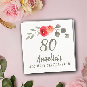 Serviette En Papier 80e anniversaire Watercolor Rose Floral Party