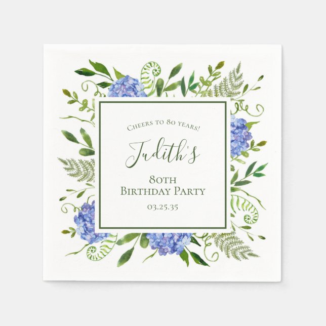 Serviette En Papier 80th Birthday Blue Hydrangeas (Devant)