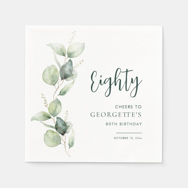 Serviette En Papier 80th Birthday Watercolor Eucalyptus Paper (Devant)
