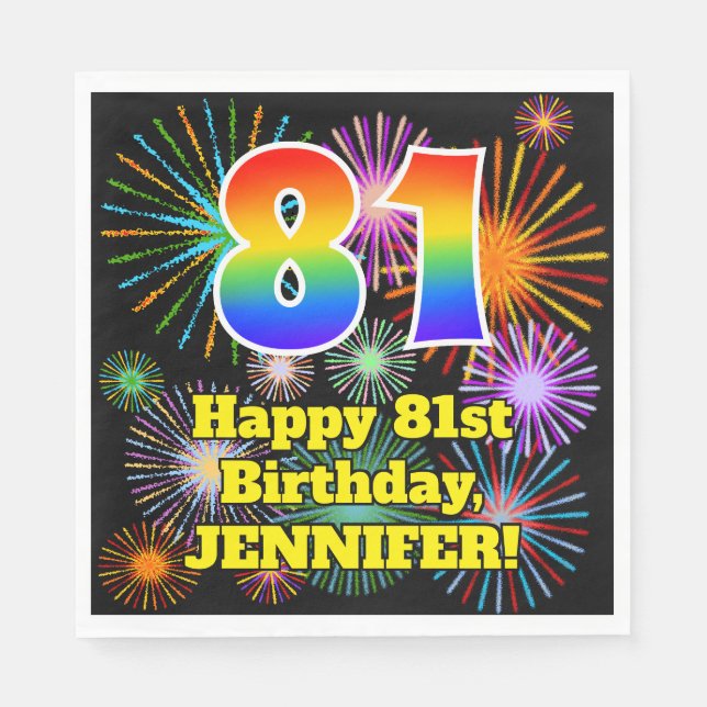 Serviette En Papier 81e anniversaire : Fun Motif feux d'artifice + Arc (Devant)