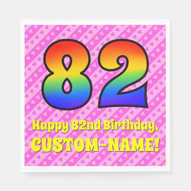 Serviette En Papier 82e anniversaire : Pink Stripes & Hearts, Arc en c (Devant)