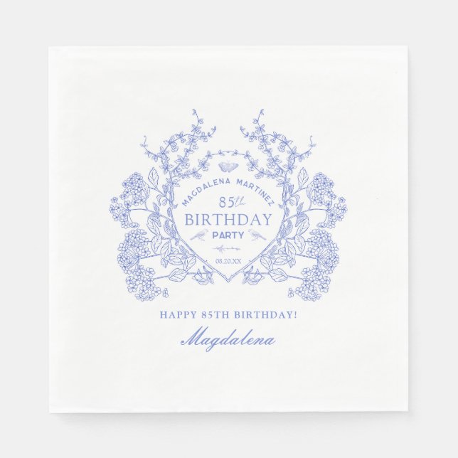 Serviette En Papier 85e anniversaire Français Blue Floral Crest Custom (Devant)