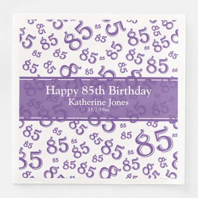 Serviette En Papier 85e anniversaire Random Number Motif violet/blanc (Devant)
