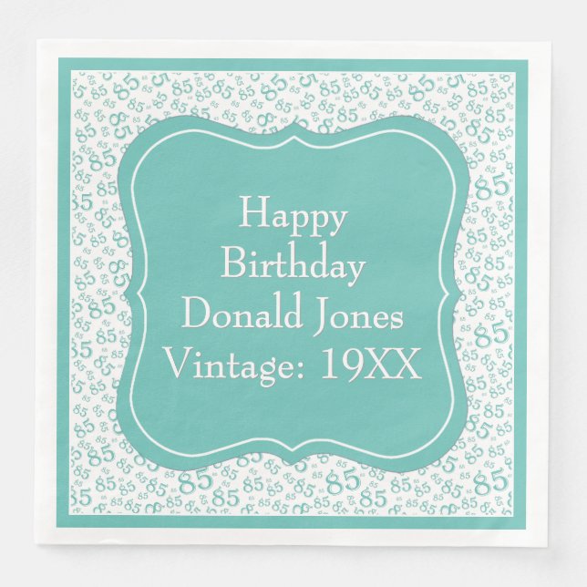 Serviette En Papier 85e anniversaire Turquoise/blanc Motif numéro de s (Devant)