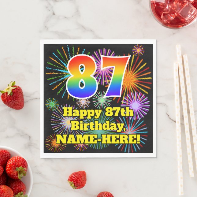 Serviette En Papier 87ème anniversaire : Fun Fireworks Motif + Rainbow (En situation)