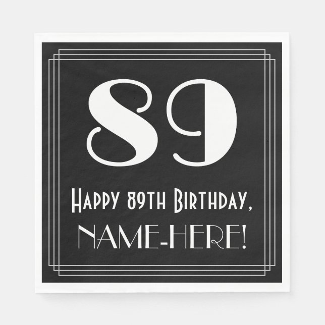 Serviette En Papier 89e anniversaire ~ Art Déco Inspiré Look "89", Nom (Devant)
