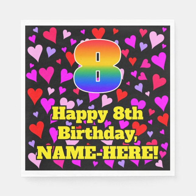 Serviette En Papier 8e anniversaire : Amour Hearts Motif, Arc-en-ciel  (Devant)