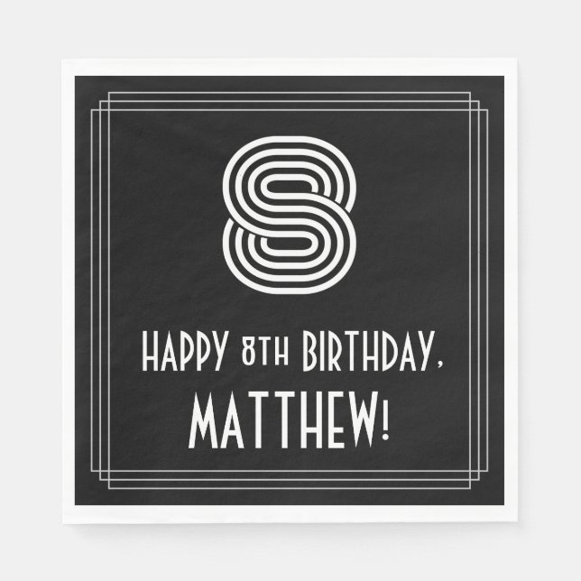 Serviette En Papier 8e anniversaire : Art Déco Inspiré Look "8" + Nom (Devant)