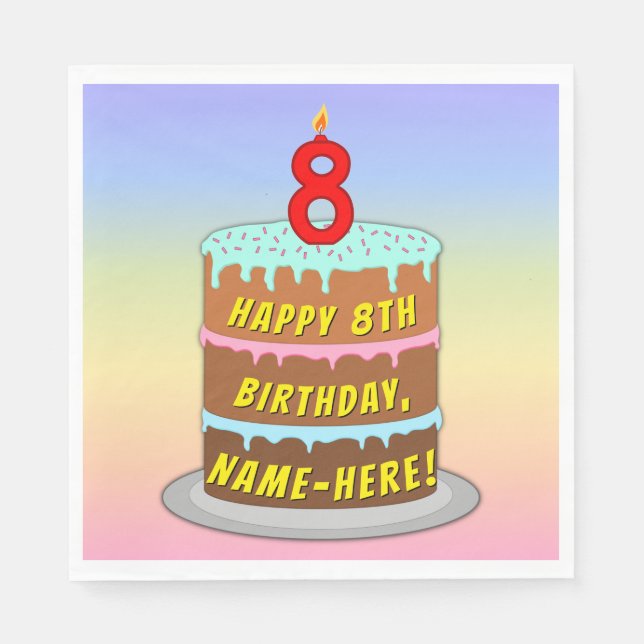 Serviette En Papier 8e anniversaire : Fun Cake and Candle + Nom person (Devant)