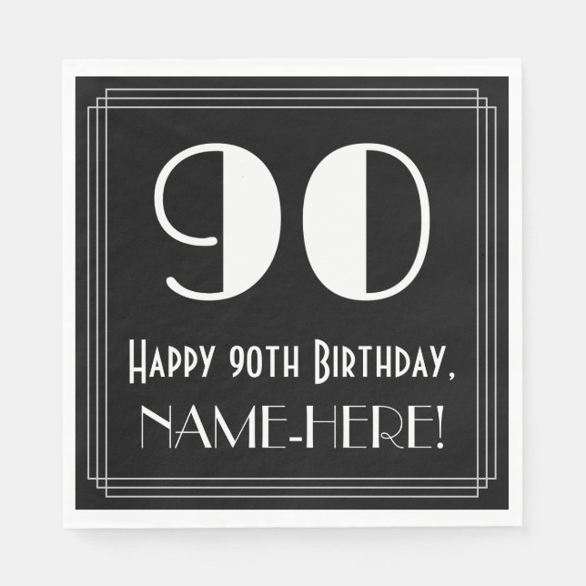 Serviette En Papier 90e anniversaire ~ Art Déco Inspiré Look "90", Nom (Devant)