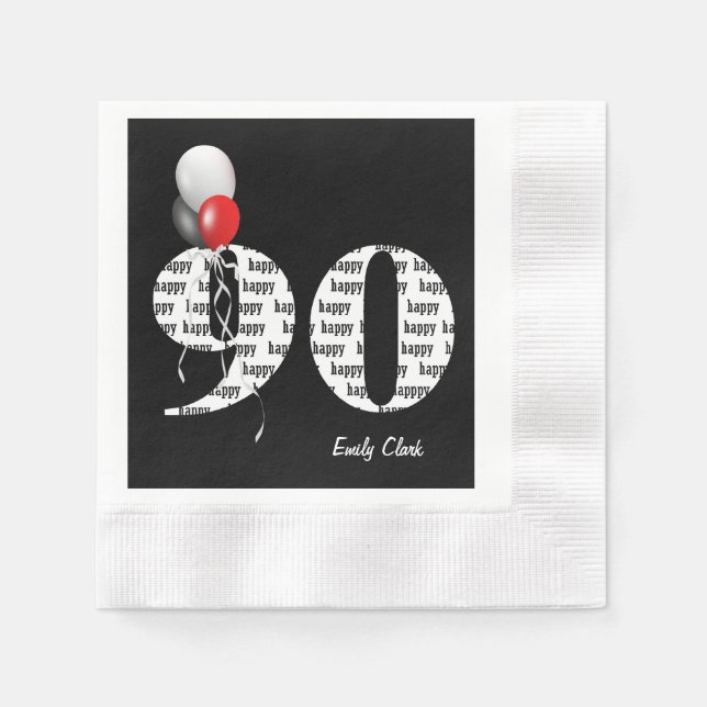 Serviette En Papier 90e anniversaire ballons de fête en noir (Devant)