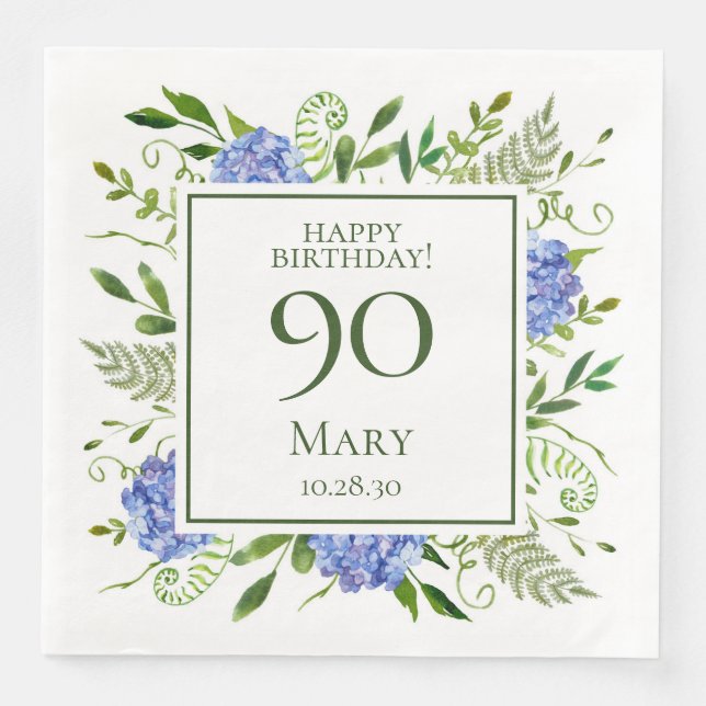 Serviette En Papier 90e anniversaire Blue Hydrangeas (Devant)