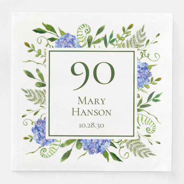 Serviette En Papier 90e anniversaire Blue Hydrangeas (Devant)