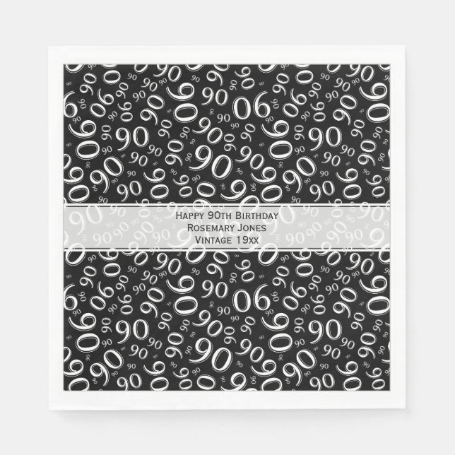 Serviette En Papier 90e anniversaire Cool Numéro Motif noir/blanc (Devant)