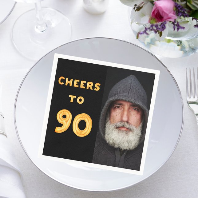 Serviette En Papier 90e anniversaire fête noir or acclamer photo (Créateur téléchargé)