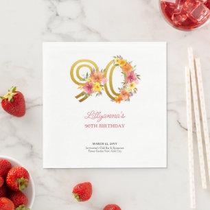 Serviette En Papier 90e anniversaire fête Plutôt Floral Gold Numéro 90