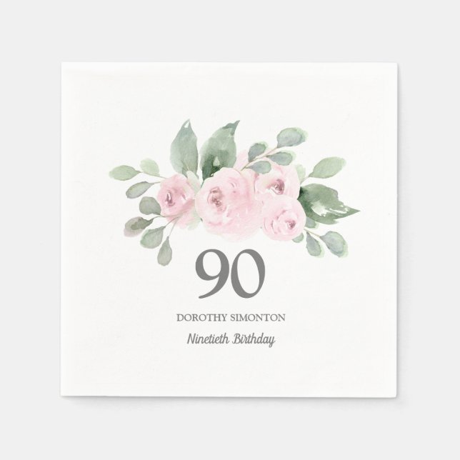 Serviette En Papier 90e anniversaire fête rose rose florale (Devant)