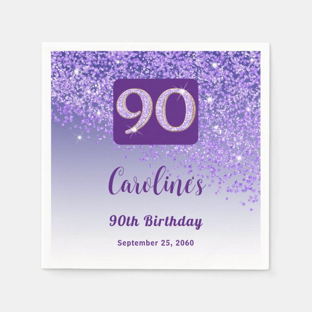 Serviette En Papier 90e anniversaire jolie Parties scintillant pourpre (Devant)