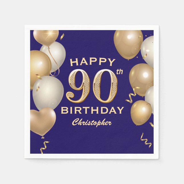 Serviette En Papier 90e Anniversaire Marine Bleu et Ballons d'or (Devant)