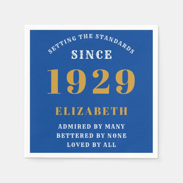 Serviette En Papier 90e Anniversaire Normes Né 1929 Blue Gold (Devant)
