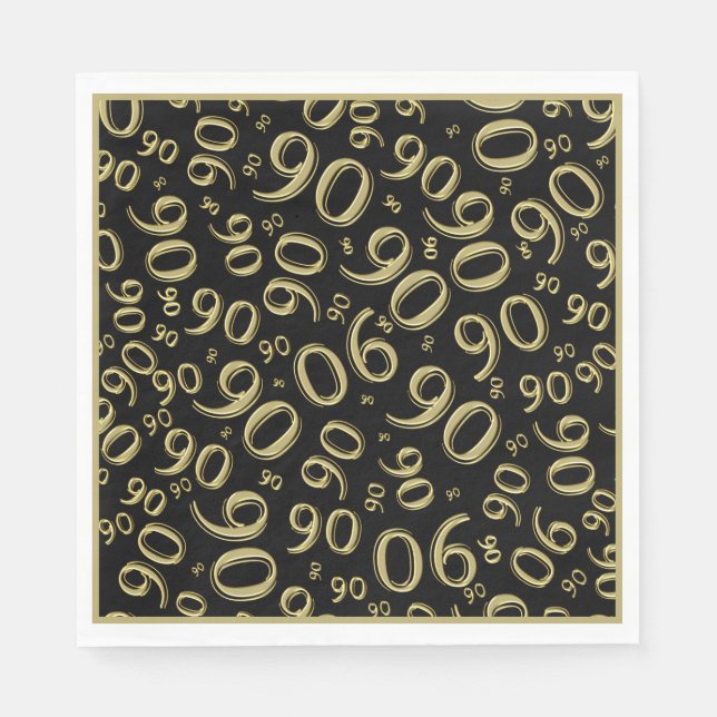 Serviette En Papier 90e anniversaire Numéro de fête Motif Noir/Or (Devant)