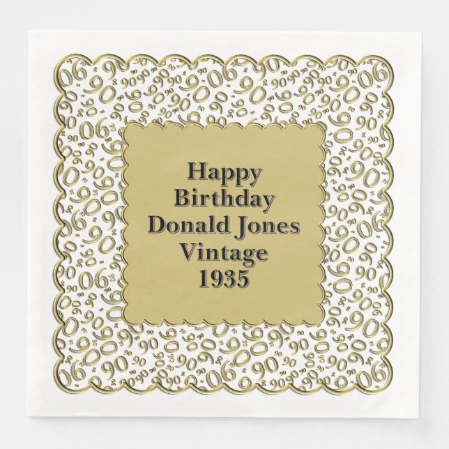 Serviette En Papier 90e anniversaire Numéro Motif pétoncles or/blanc (Devant)