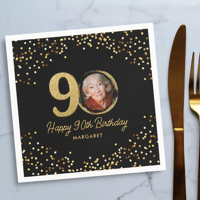 Serviette En Papier 90e anniversaire Photo Elegant Black Gold Parties  (Créateur téléchargé)