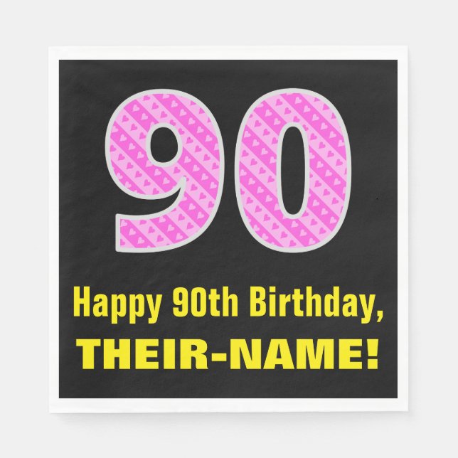 Serviette En Papier 90e anniversaire : Pink Stripes and Hearts "90" +  (Devant)