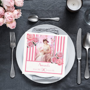 Serviette En Papier 90e anniversaire rose blanc rayures photo florale