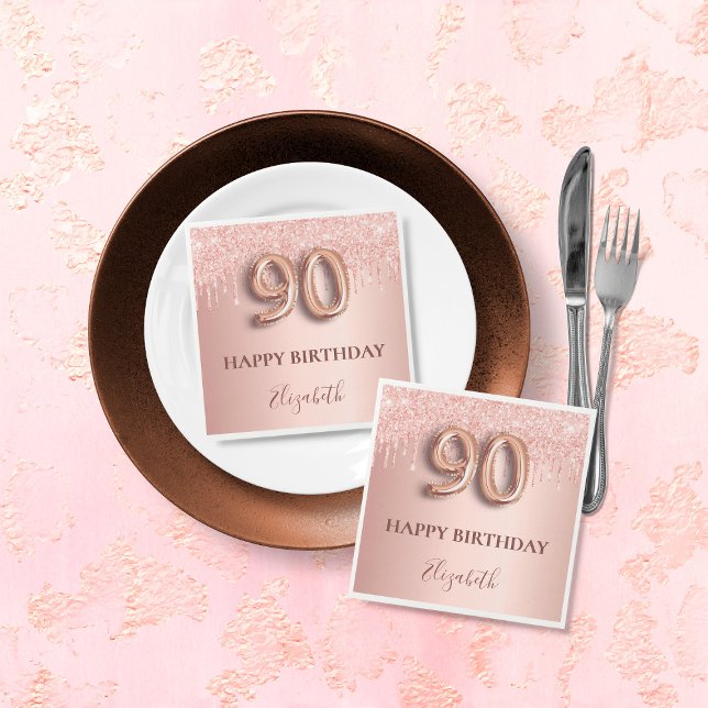 Serviette En Papier 90e anniversaire rose or parties scintillant rose  (Créateur téléchargé)