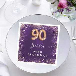 Serviette En Papier 90e anniversaire violet rose nom or
