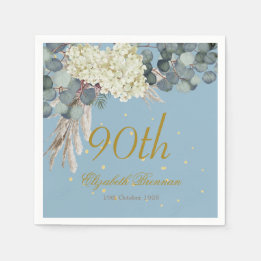 Serviette En Papier 90ème Floral Blue Gold Elegant Photo Anniversaire