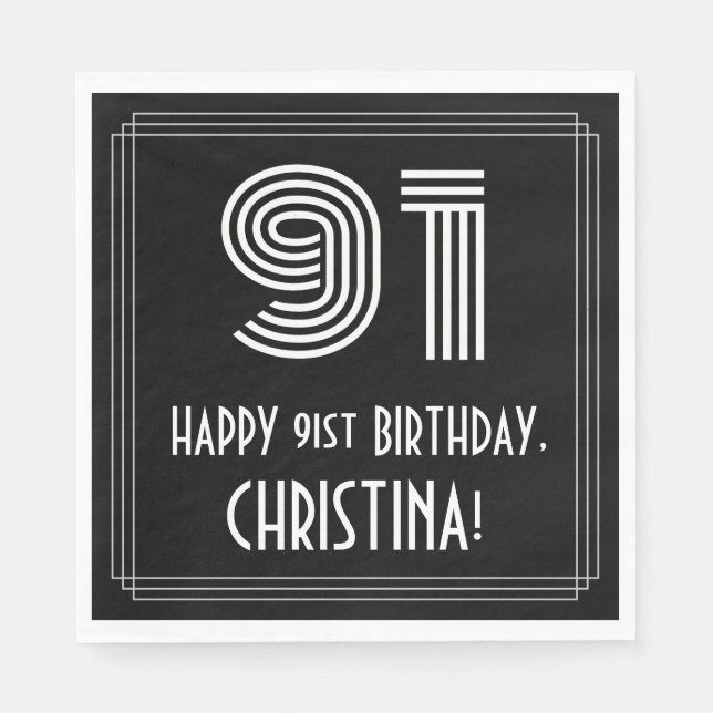 Serviette En Papier 91e anniversaire : Art Déco Inspiré Look "91" + No (Devant)