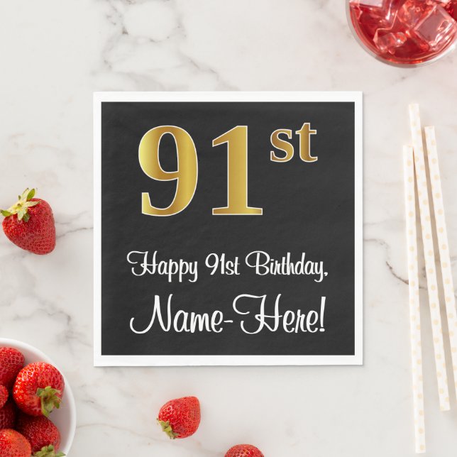 Serviette En Papier 91e anniversaire ~ Elégant Luxueux Faux Gold Look  (En situation)