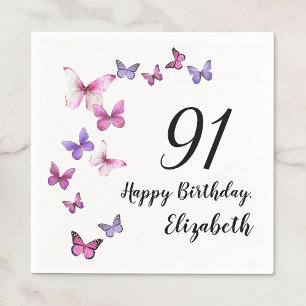 Serviette En Papier 91e Anniversaire Papillons Rose Violet