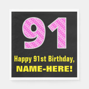 Serviette En Papier 91e anniversaire : Pink Stripes and Hearts "91" + 