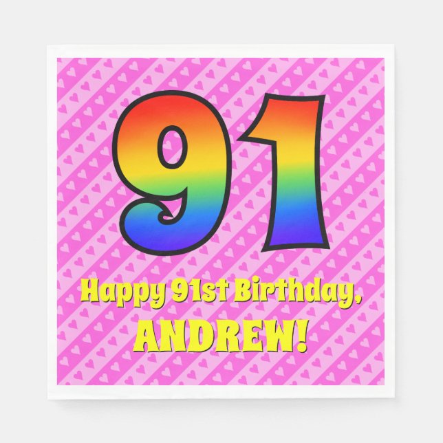 Serviette En Papier 91e anniversaire : Pink Stripes & Hearts, Arc-en-c (Devant)