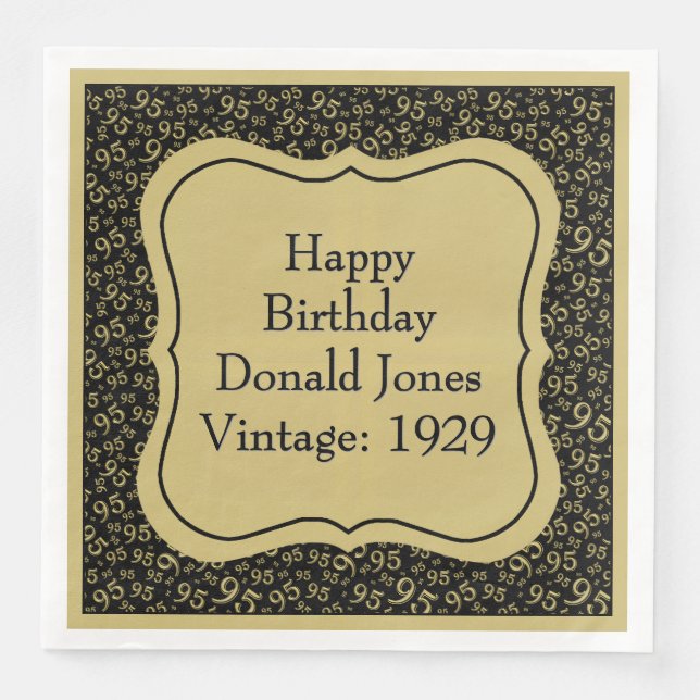 Serviette En Papier 95e anniversaire Gold/Noir Motif numéro de support (Devant)