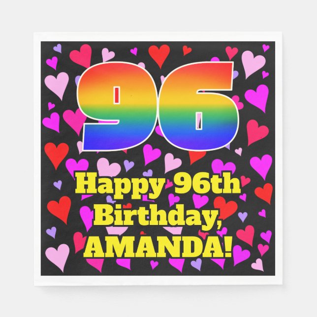 Serviette En Papier 96e anniversaire : Amour Hearts Motif, Arc-en-ciel (Devant)