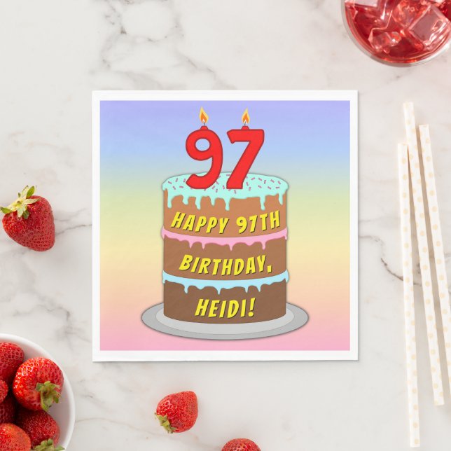 Serviette En Papier 97e anniversaire : Gâteau et bougies amusants + No (En situation)
