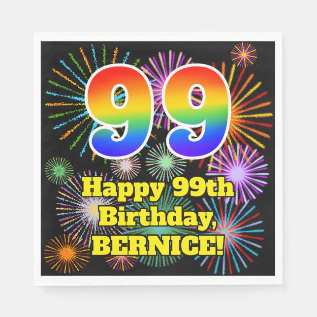 Serviette En Papier 99e anniversaire : Fun Fireworks Motif + Rainbow 9 (Devant)