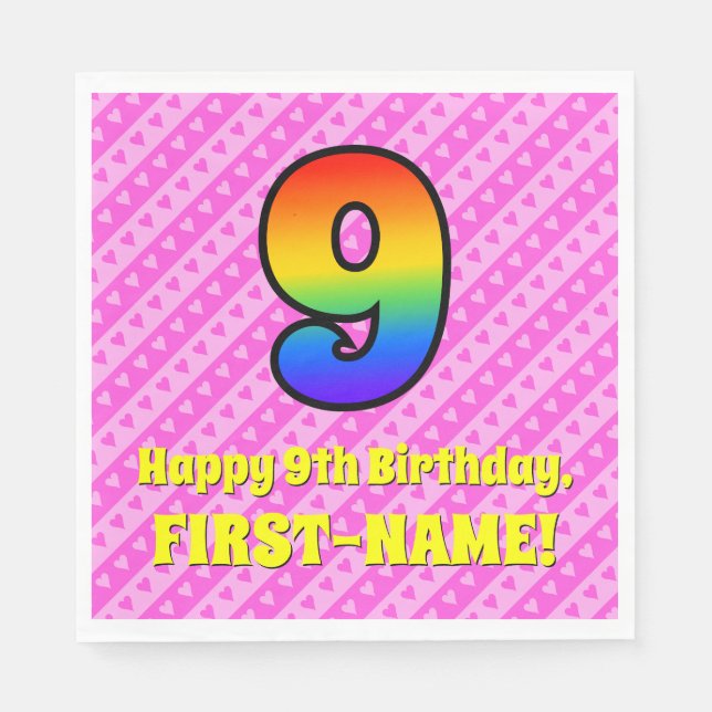 Serviette En Papier 9e anniversaire : Pink Stripes & Hearts, Rainbow # (Devant)
