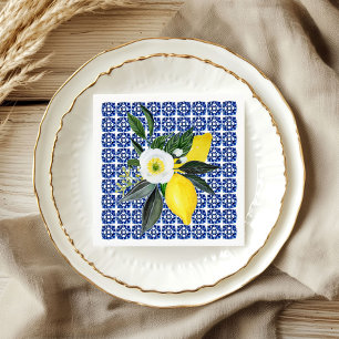Serviette en papier à carreaux bleus et citrons mé